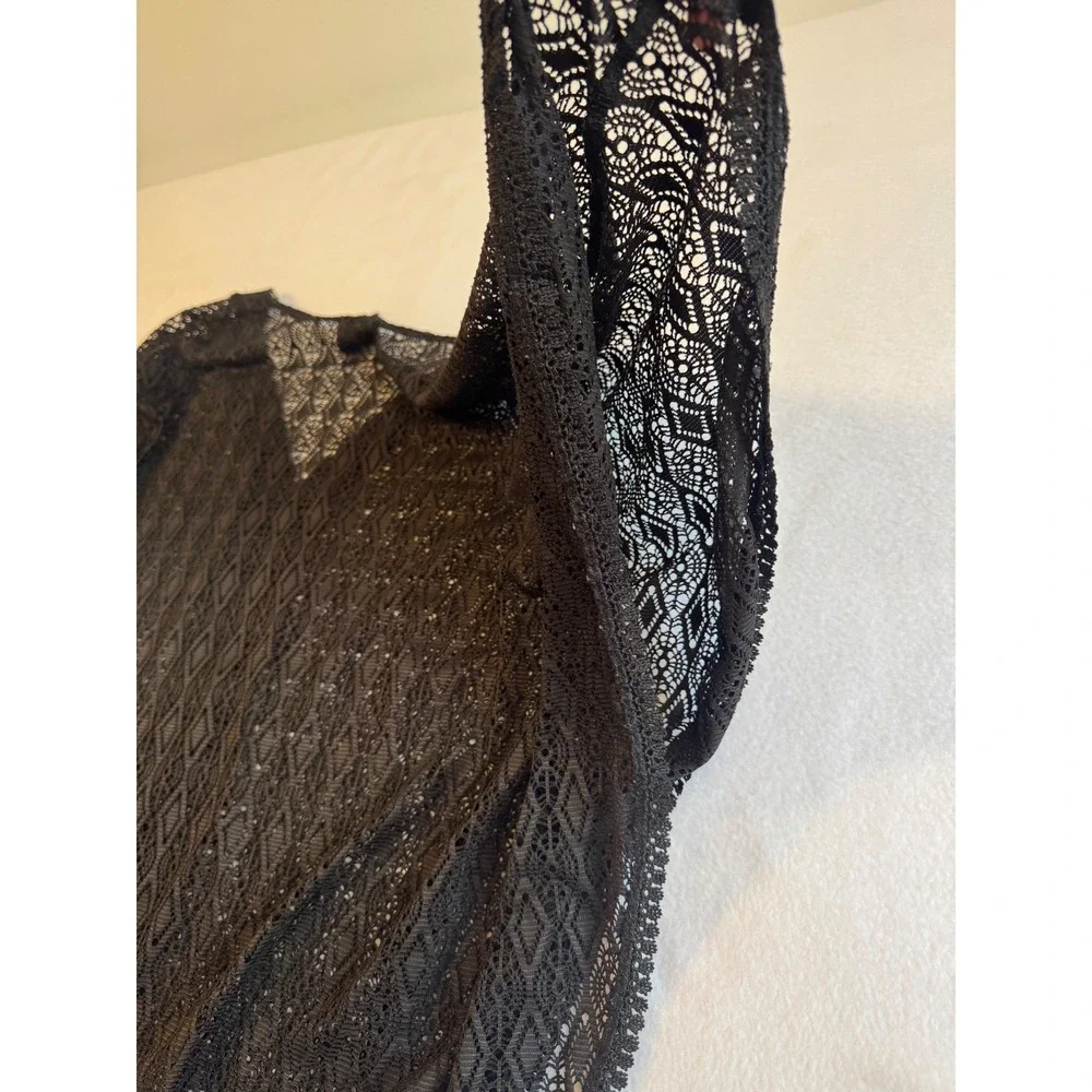 Boho Catalina Swim Cover Up Women Medium Black Crochet Lace Geometric Kaftan‎